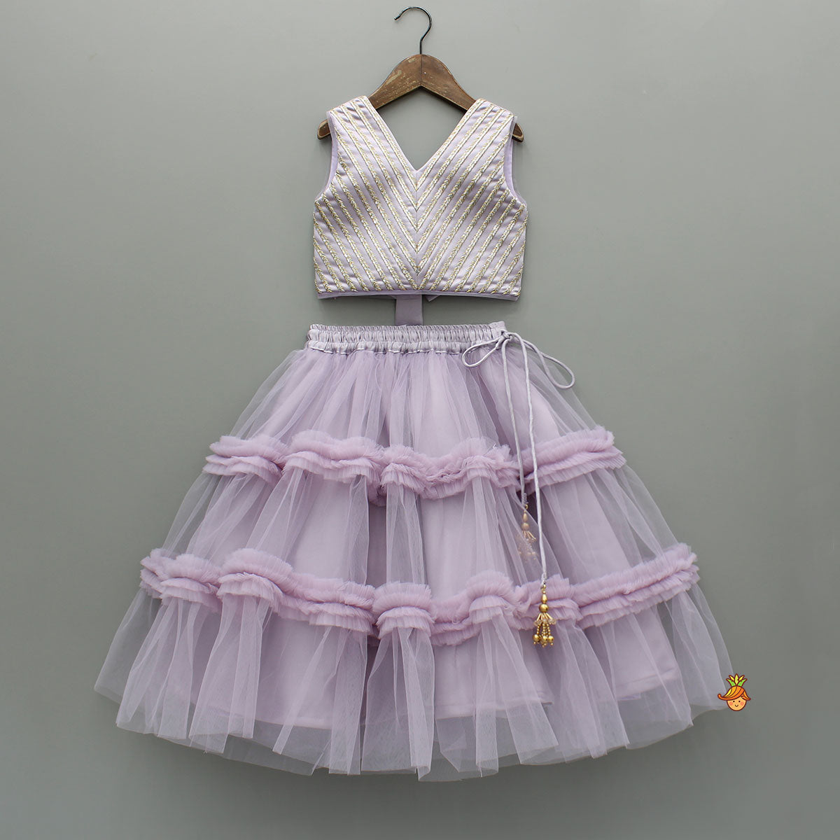Pre Order: V Neck Sleeveless Lavender Top And Ruffle Frilly Lehenga