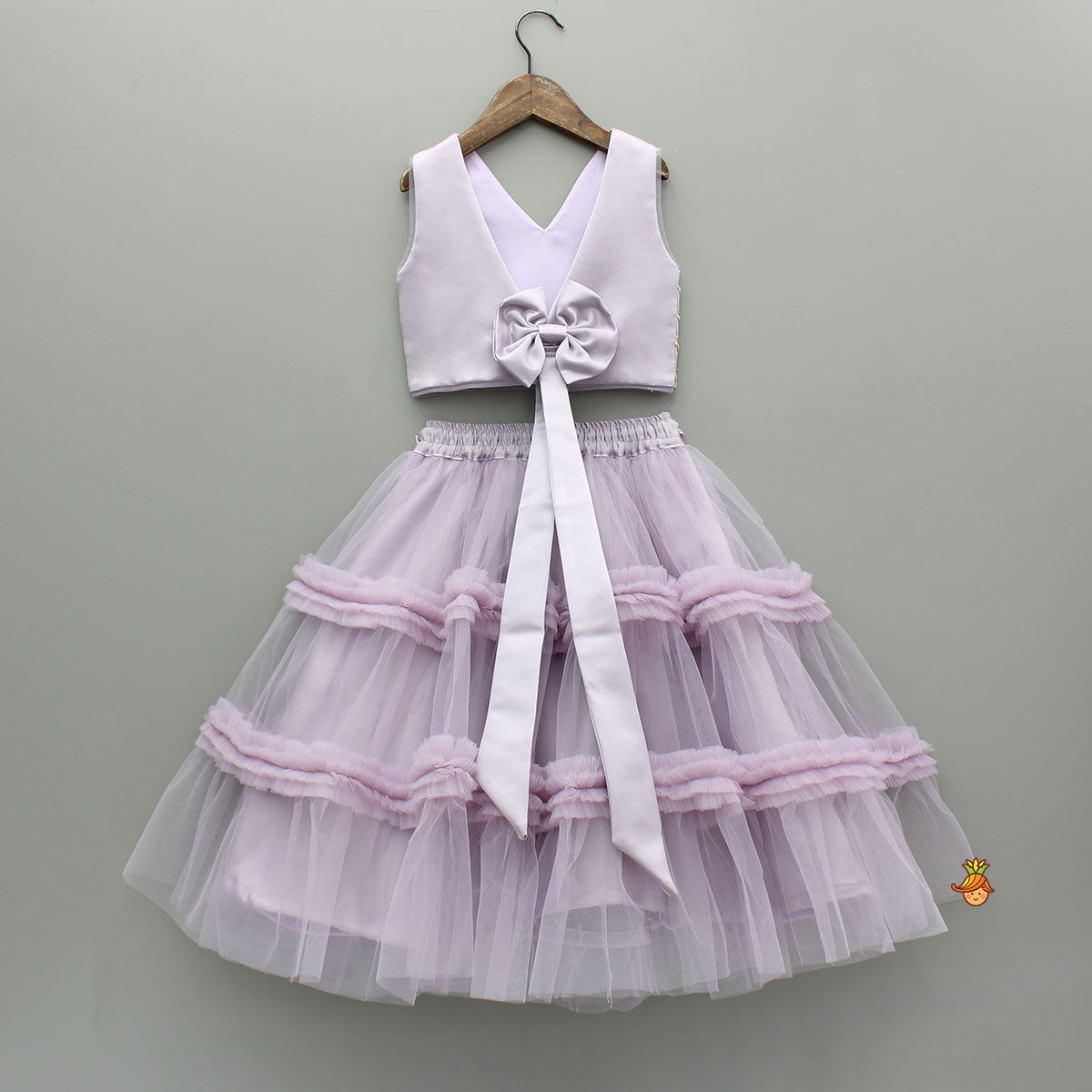 Pre Order: V Neck Sleeveless Lavender Top And Ruffle Frilly Lehenga