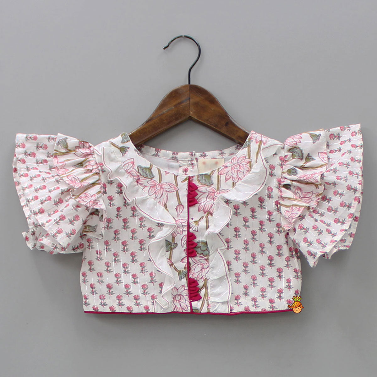 Pre Order: Hand Block Floral Printed Pink Frilly Sleeves Top And Lehenga