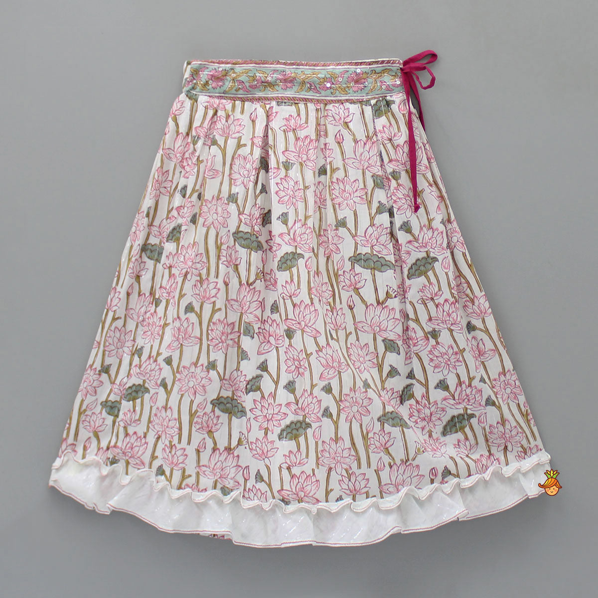Pre Order: Hand Block Floral Printed Pink Frilly Sleeves Top And Lehenga