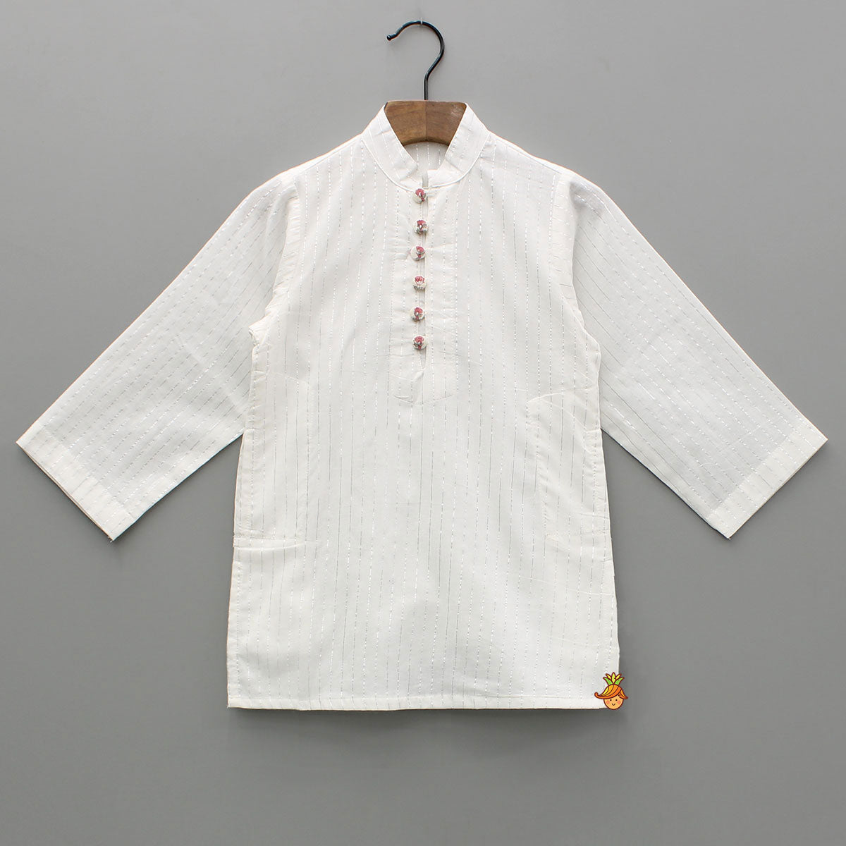 Pre Order: Cotton Lurex Striped White Kurta And Pyjama