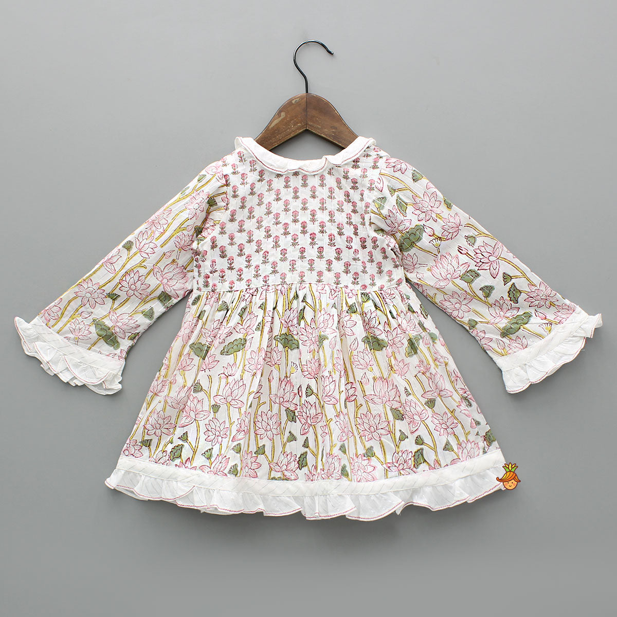 Pre Order: Hand Block Floral Printed Tie Up Pink Angarkha Dress