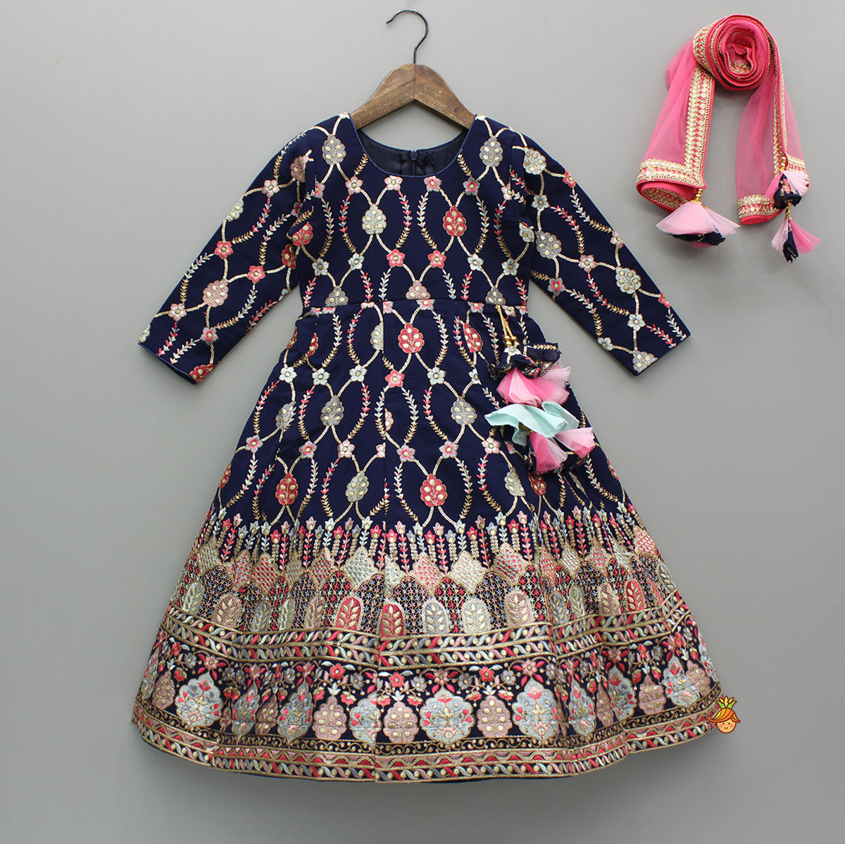Pre Order: Glorious Navy Blue Thread And Sequins Embroidered Anarkali With Gota Lace Detail Dupatta