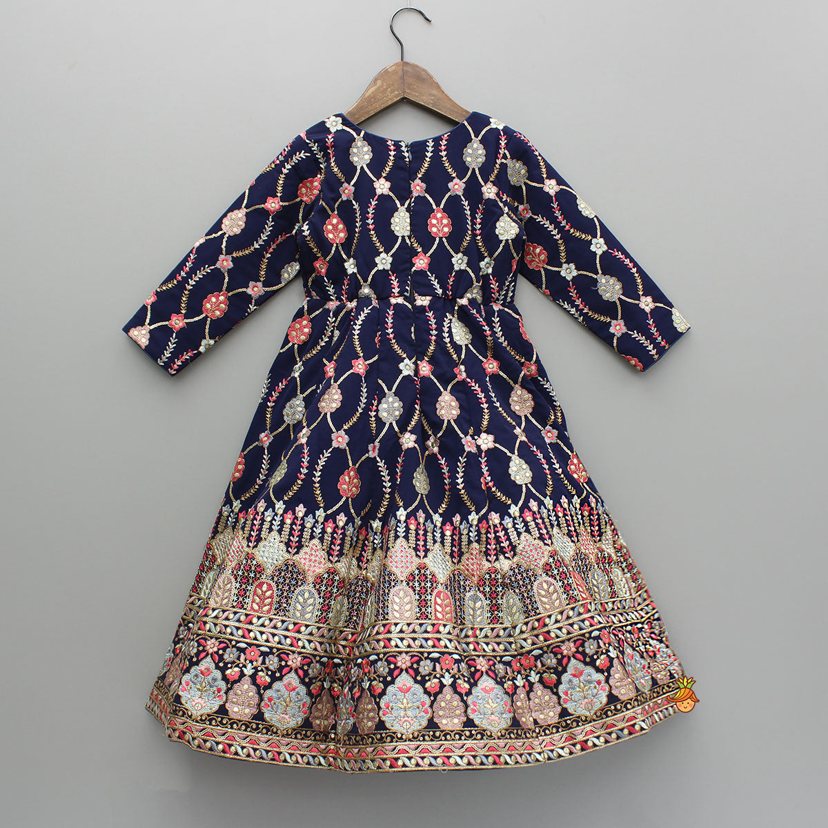Pre Order: Glorious Navy Blue Thread And Sequins Embroidered Anarkali With Gota Lace Detail Dupatta