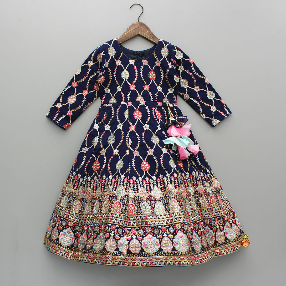 Pre Order: Glorious Navy Blue Thread And Sequins Embroidered Anarkali With Gota Lace Detail Dupatta