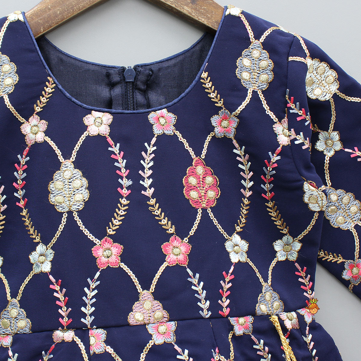 Pre Order: Glorious Navy Blue Thread And Sequins Embroidered Anarkali With Gota Lace Detail Dupatta