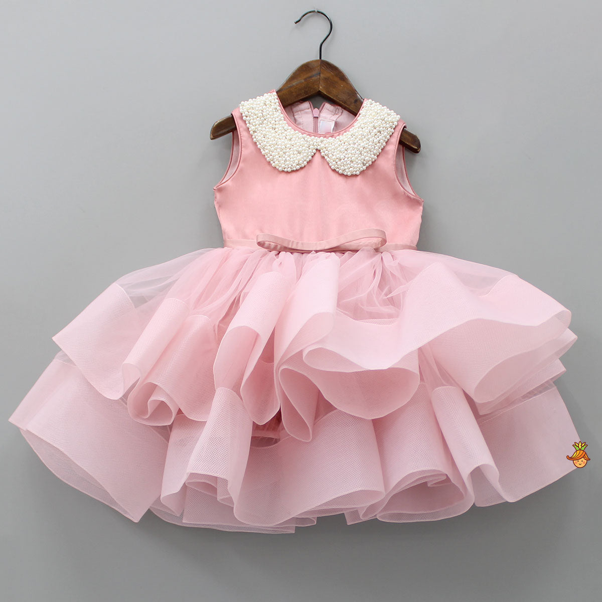 Pre Order: Elegant Pearls Embellished Onion Pink Ruffle Dress With Floral Hair Clip