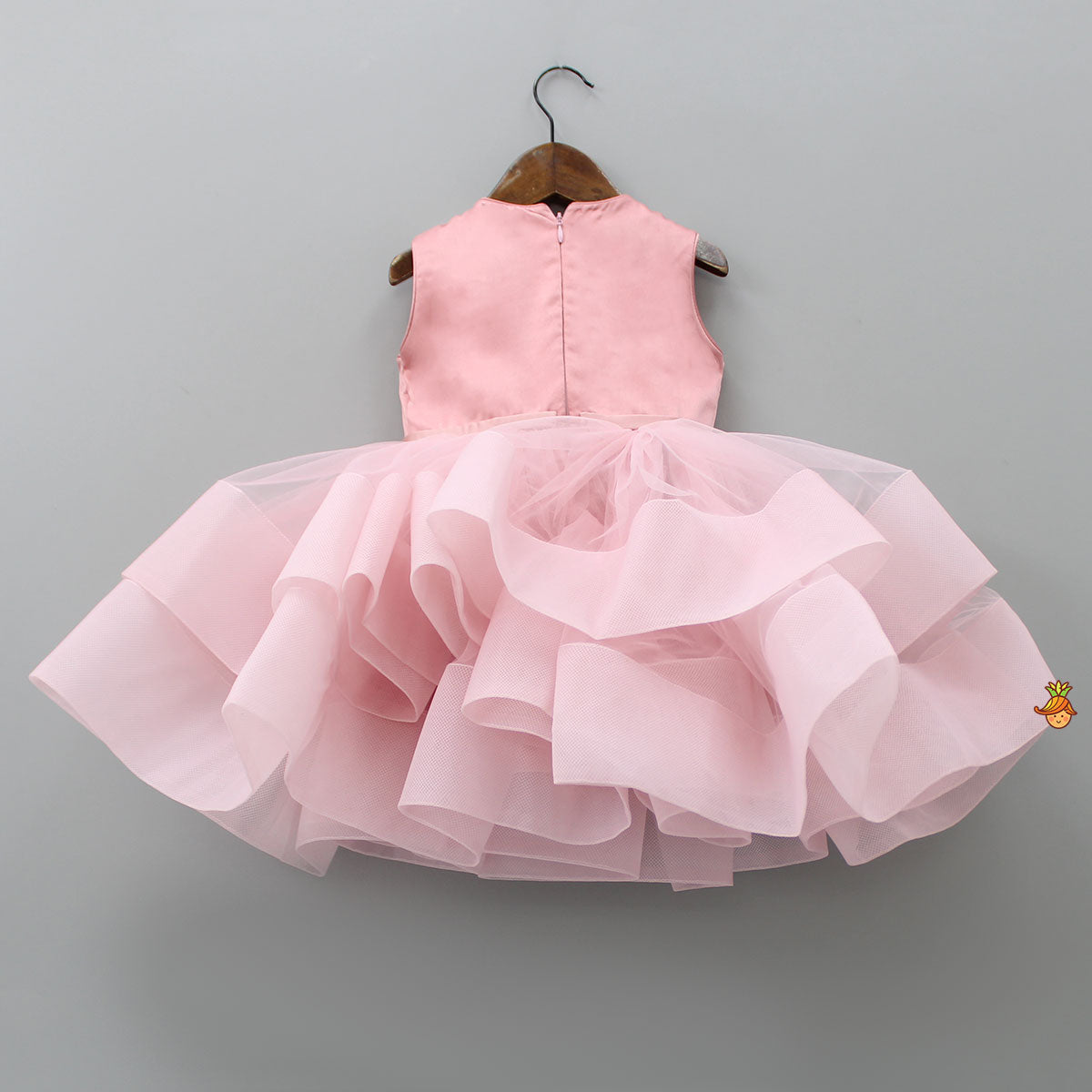 Pre Order: Elegant Pearls Embellished Onion Pink Ruffle Dress With Floral Hair Clip