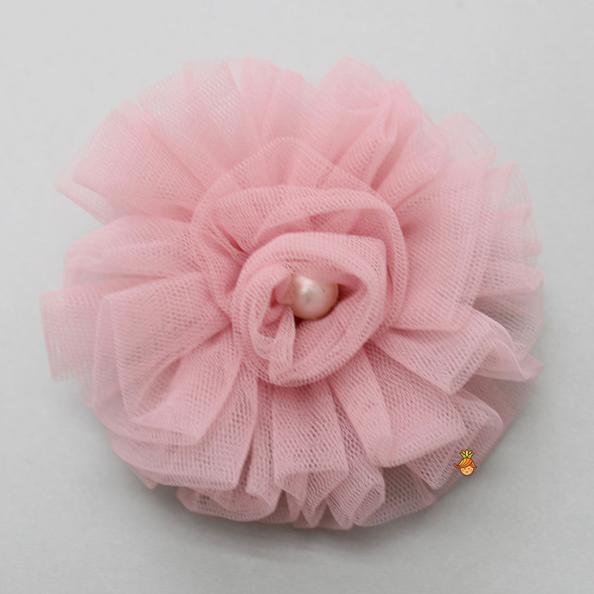 Pre Order: Elegant Pearls Embellished Onion Pink Ruffle Dress With Floral Hair Clip