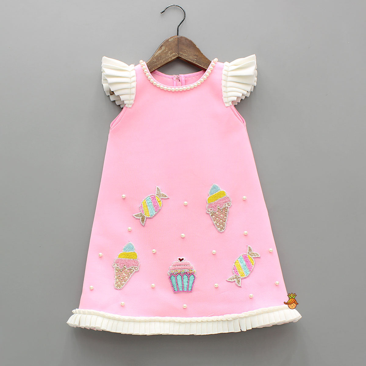 Pre Order: Cute Candy Embroidered Baby Pink Dress With Matching Hair Clip