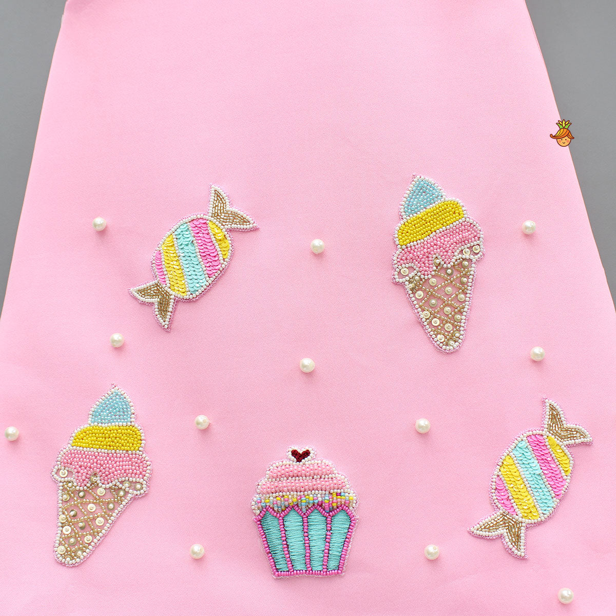 Pre Order: Cute Candy Embroidered Baby Pink Dress With Matching Hair Clip