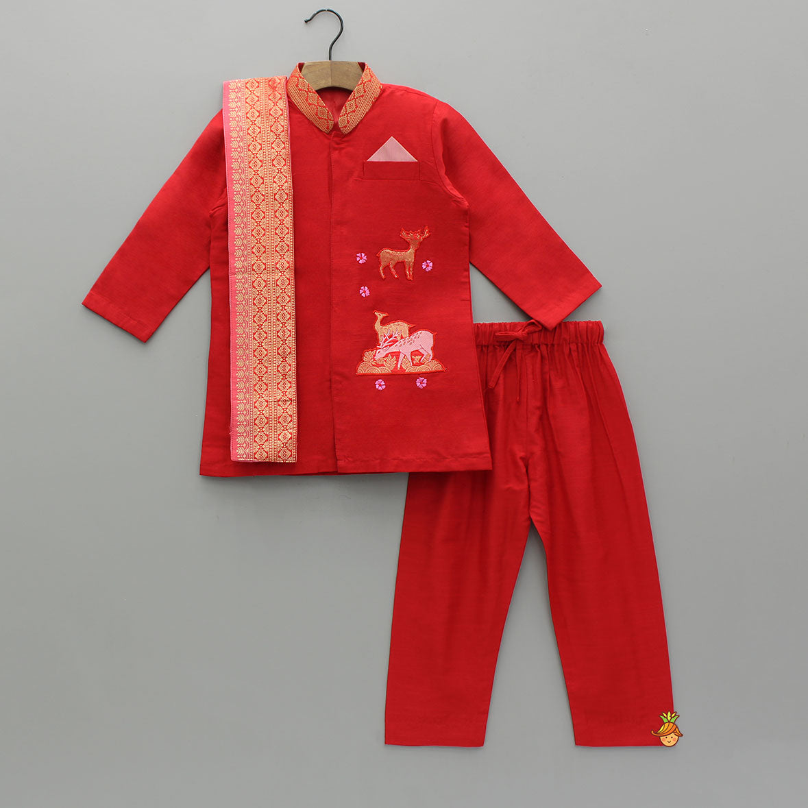 Pre Order: Reindeer Embroidered Red Kurta And Pyjama With Shawl