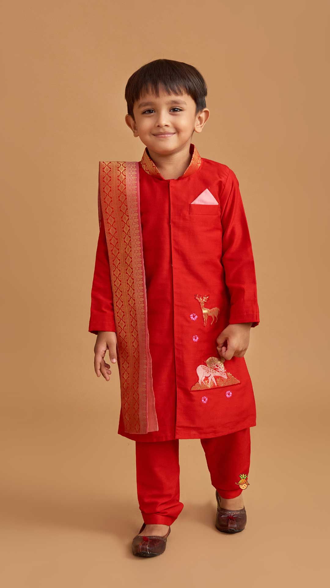 Pre Order: Reindeer Embroidered Red Kurta And Pyjama With Shawl