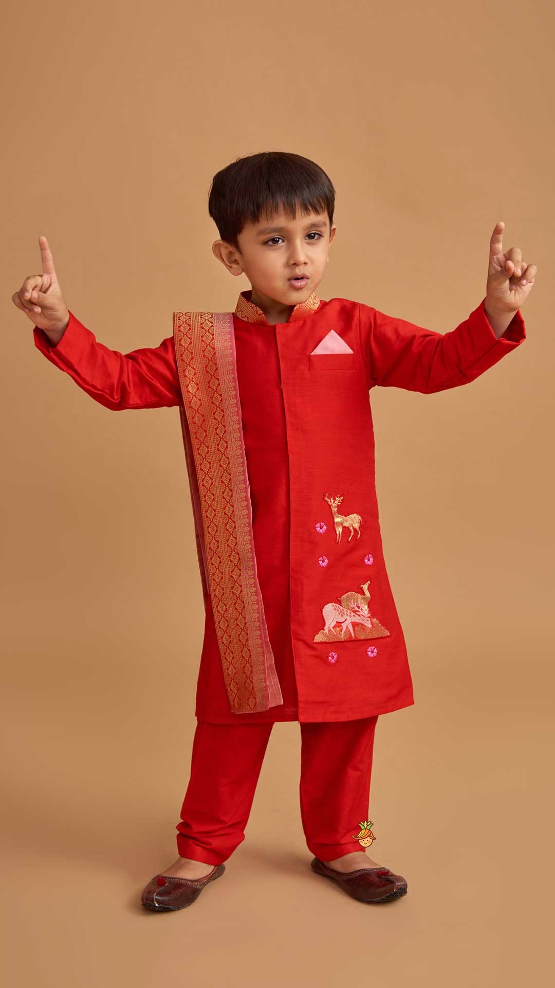 Pre Order: Reindeer Embroidered Red Kurta And Pyjama With Shawl
