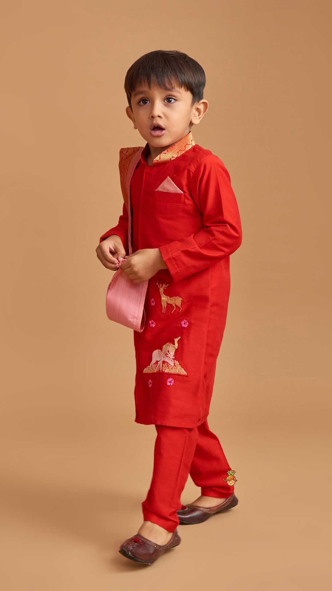 Pre Order: Reindeer Embroidered Red Kurta And Pyjama With Shawl