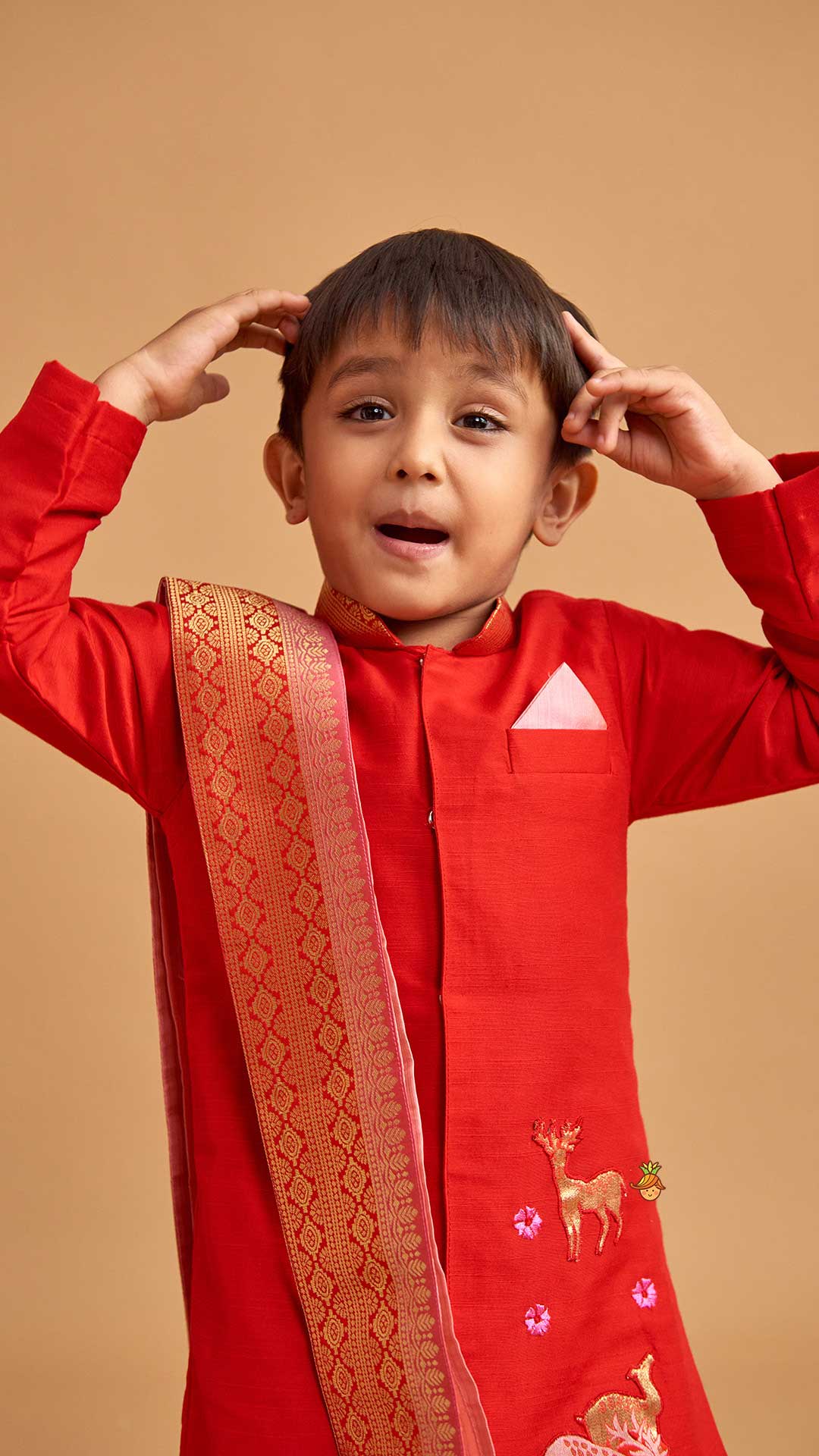 Pre Order: Reindeer Embroidered Red Kurta And Pyjama With Shawl