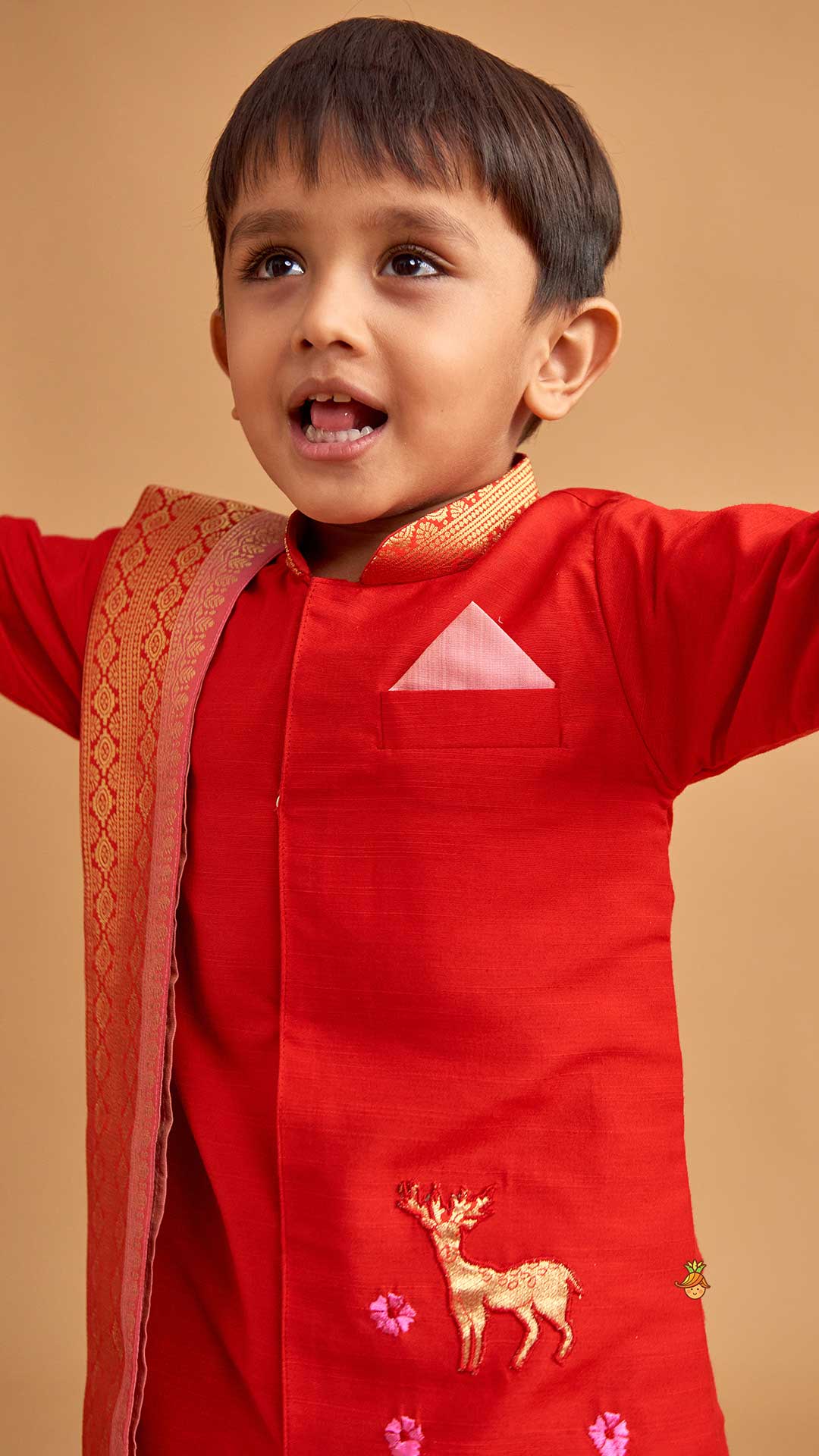 Pre Order: Reindeer Embroidered Red Kurta And Pyjama With Shawl
