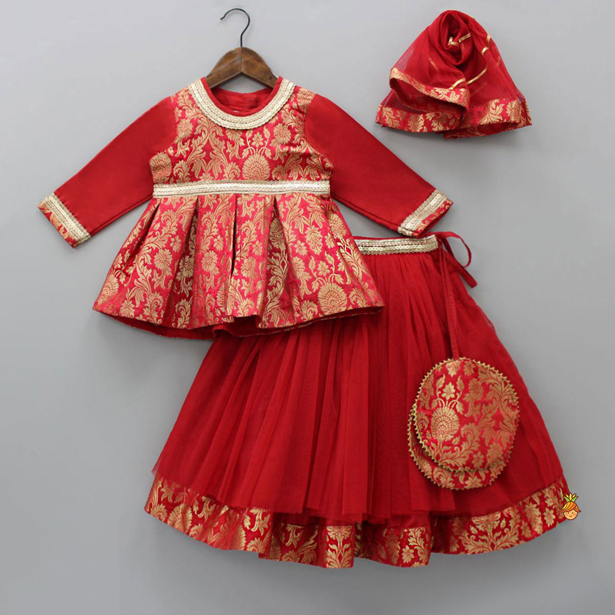 Pre Order: Brocade Embroidered Red Box Pleated Top And Layered Lehenga With Matching Diagonal Gota Lace Work Dupatta