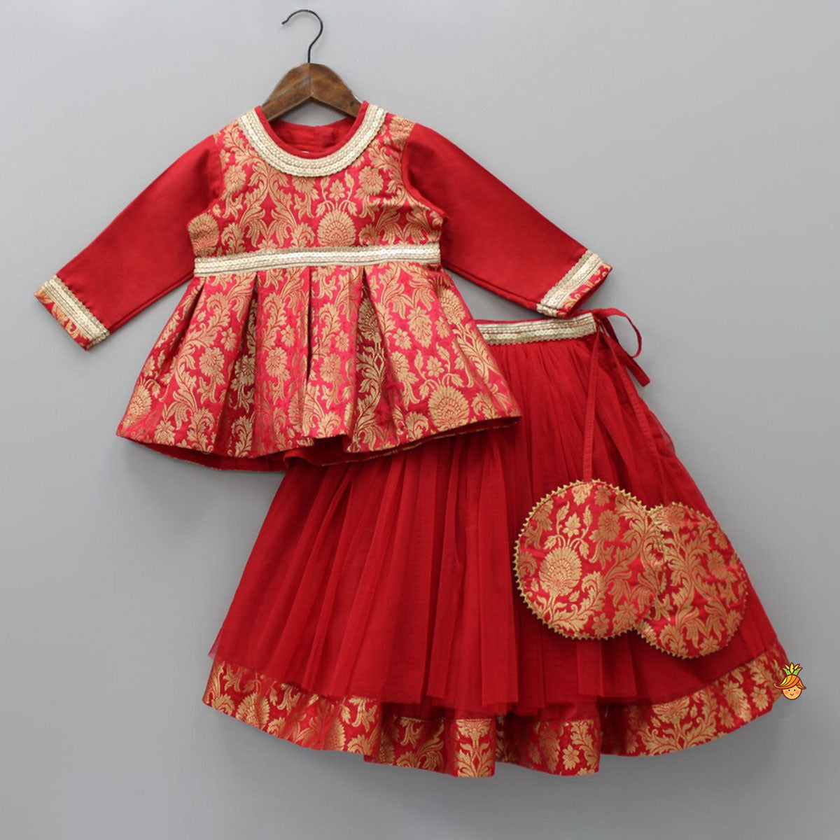 Pre Order: Brocade Embroidered Red Box Pleated Top And Layered Lehenga With Matching Diagonal Gota Lace Work Dupatta