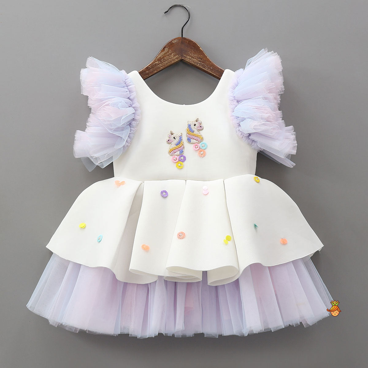 Pre Order: Unicorn Embroidered Yoke Neoprene White And Light Blue Dress
