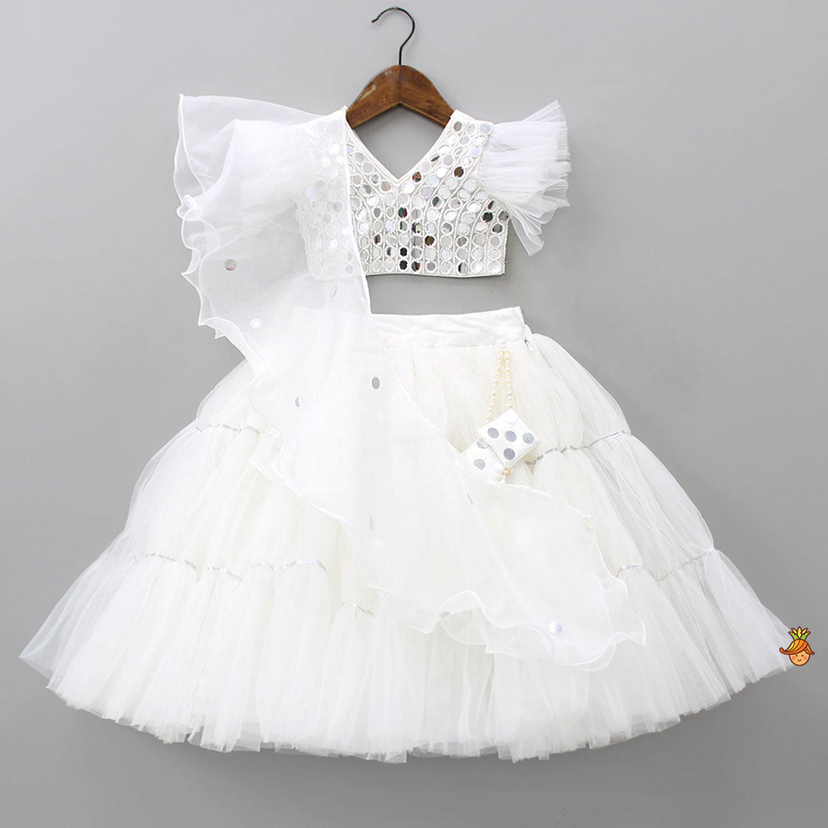 Pre Order: V Neck White Beaded Top And Pearly Tassels Enhanced Tiered Lehenga With Organza Dupatta