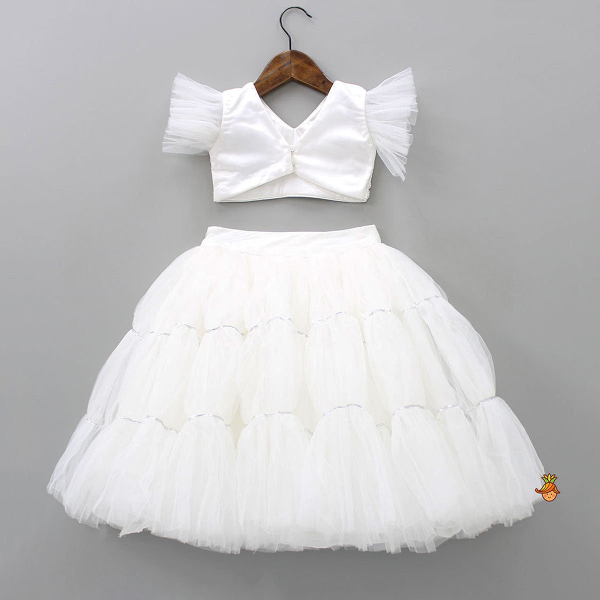 Pre Order: V Neck White Beaded Top And Pearly Tassels Enhanced Tiered Lehenga With Organza Dupatta