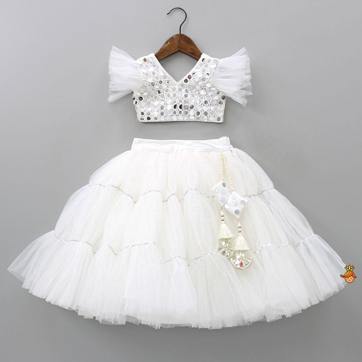Pre Order: V Neck White Beaded Top And Pearly Tassels Enhanced Tiered Lehenga With Organza Dupatta