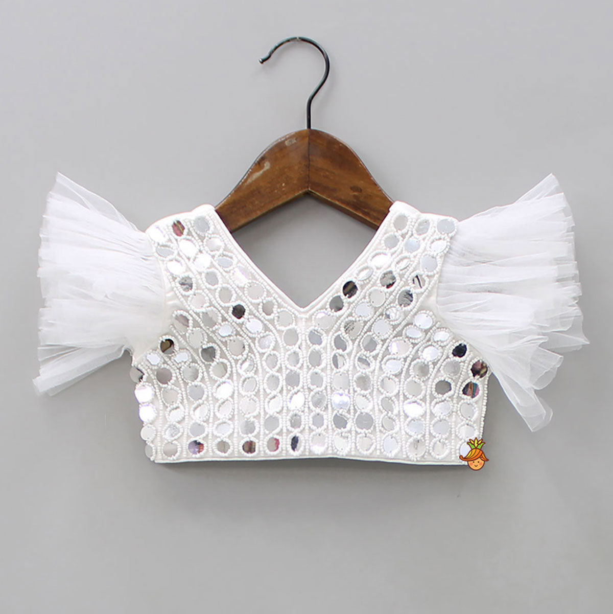 Pre Order: V Neck White Beaded Top And Pearly Tassels Enhanced Tiered Lehenga With Organza Dupatta