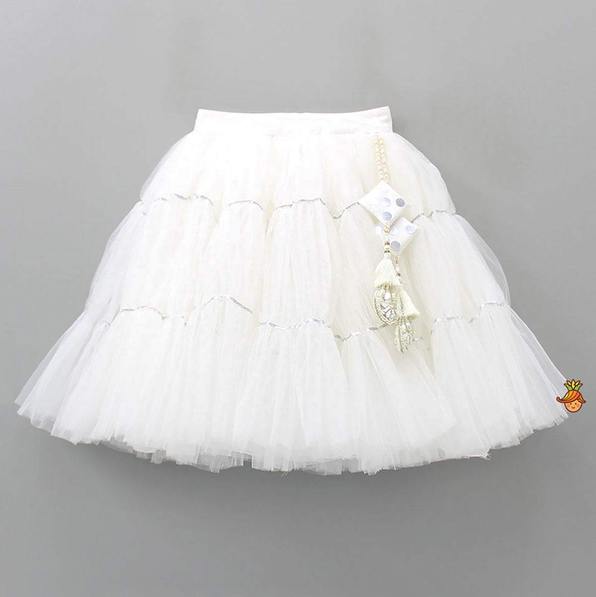 Pre Order: V Neck White Beaded Top And Pearly Tassels Enhanced Tiered Lehenga With Organza Dupatta