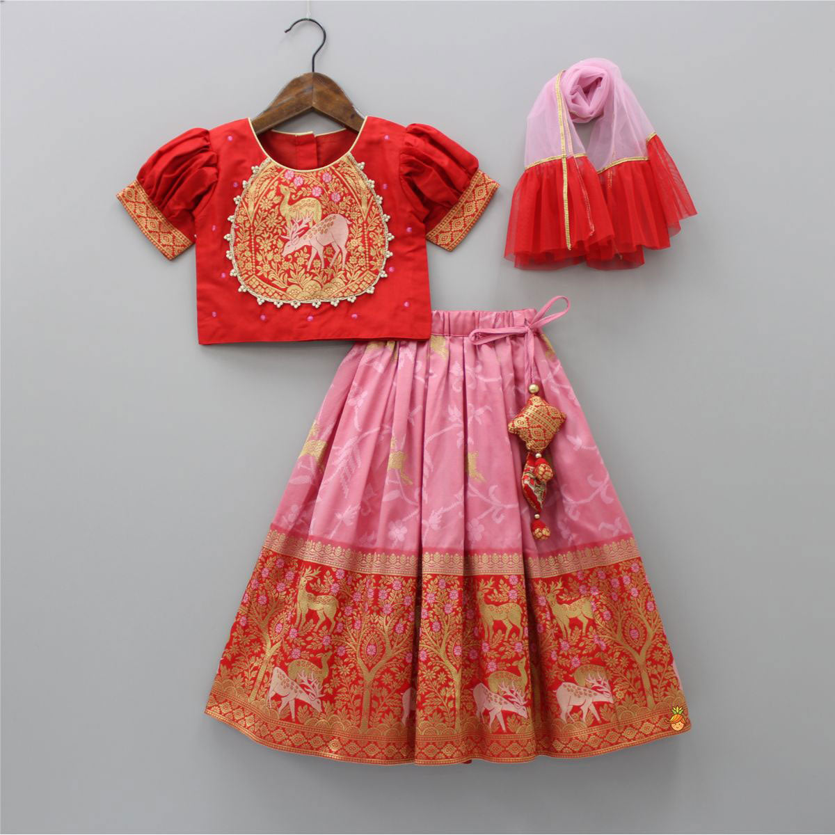 Reindeer Brocade Embroidered Red Top And Dual Tone Lehenga With Ruffle Dupatta