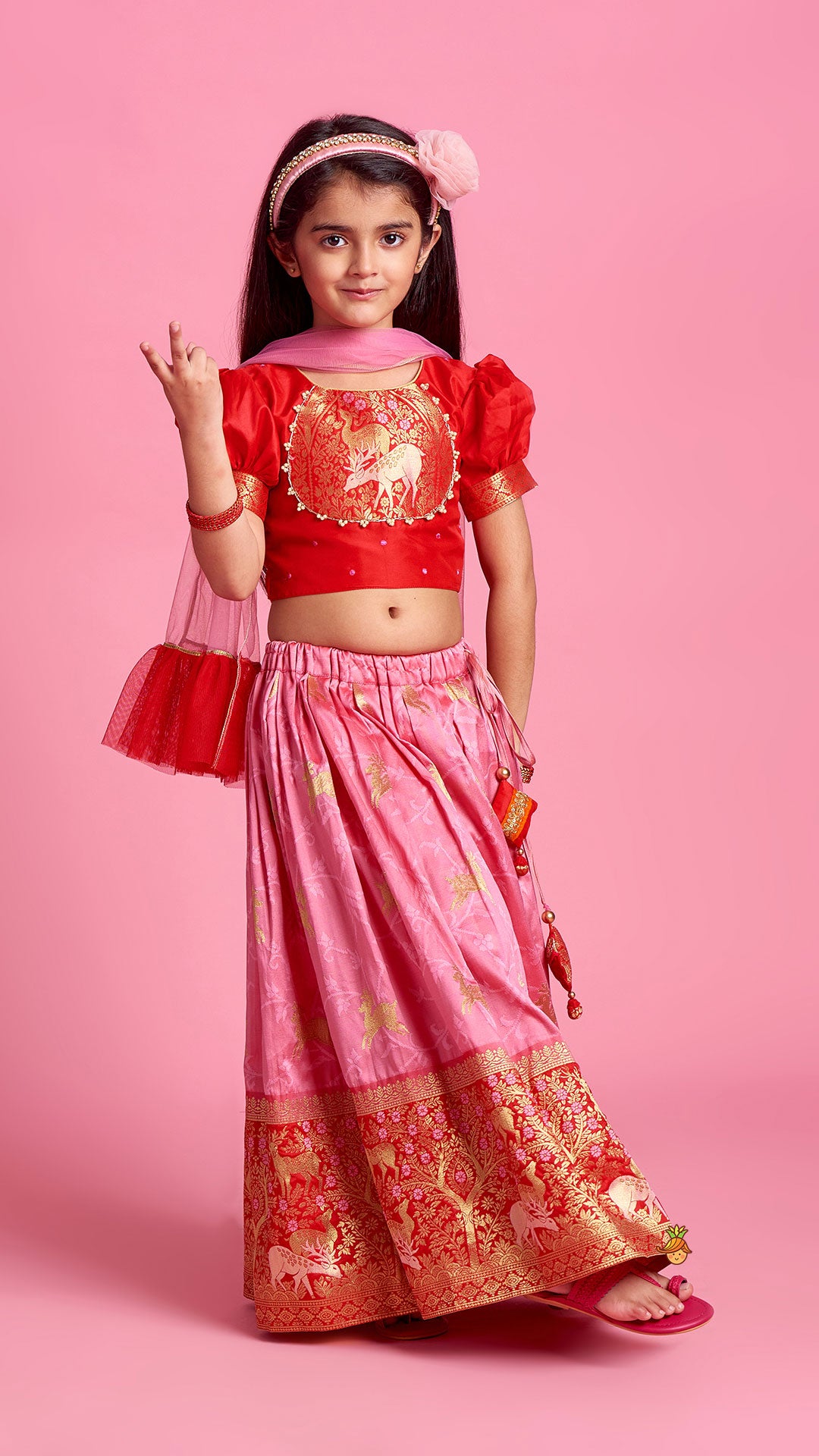 Reindeer Brocade Embroidered Red Top And Dual Tone Lehenga With Ruffle Dupatta
