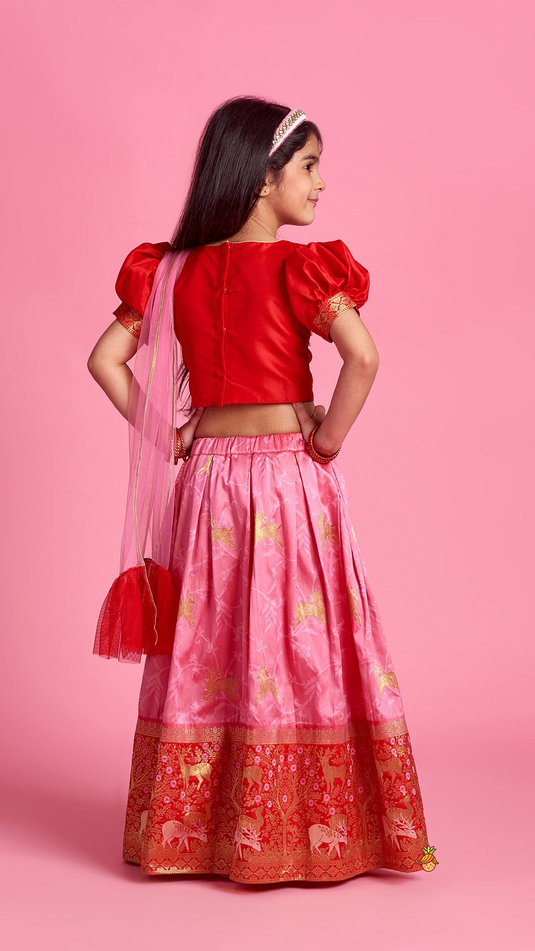 Reindeer Brocade Embroidered Red Top And Dual Tone Lehenga With Ruffle Dupatta
