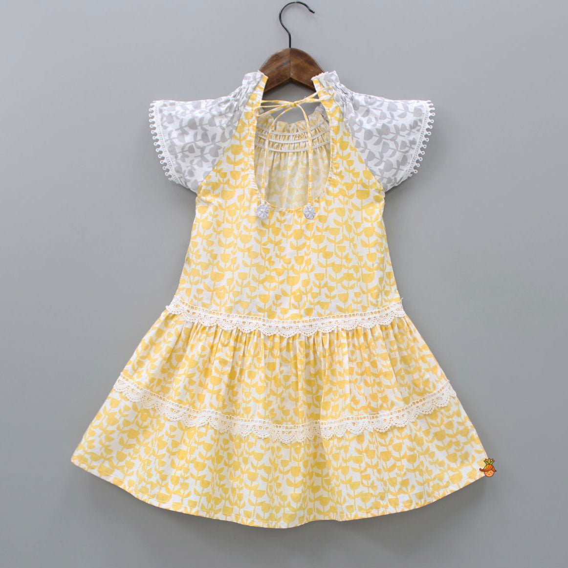 Pre Order: Flat Back Pearls Embellished Yellow And Grey High Neck Dress