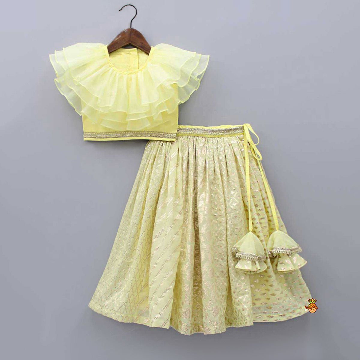 Pre Order: Organza Triple Layered Flap Pastel Yellow Top And Zari Embroidered Lehenga