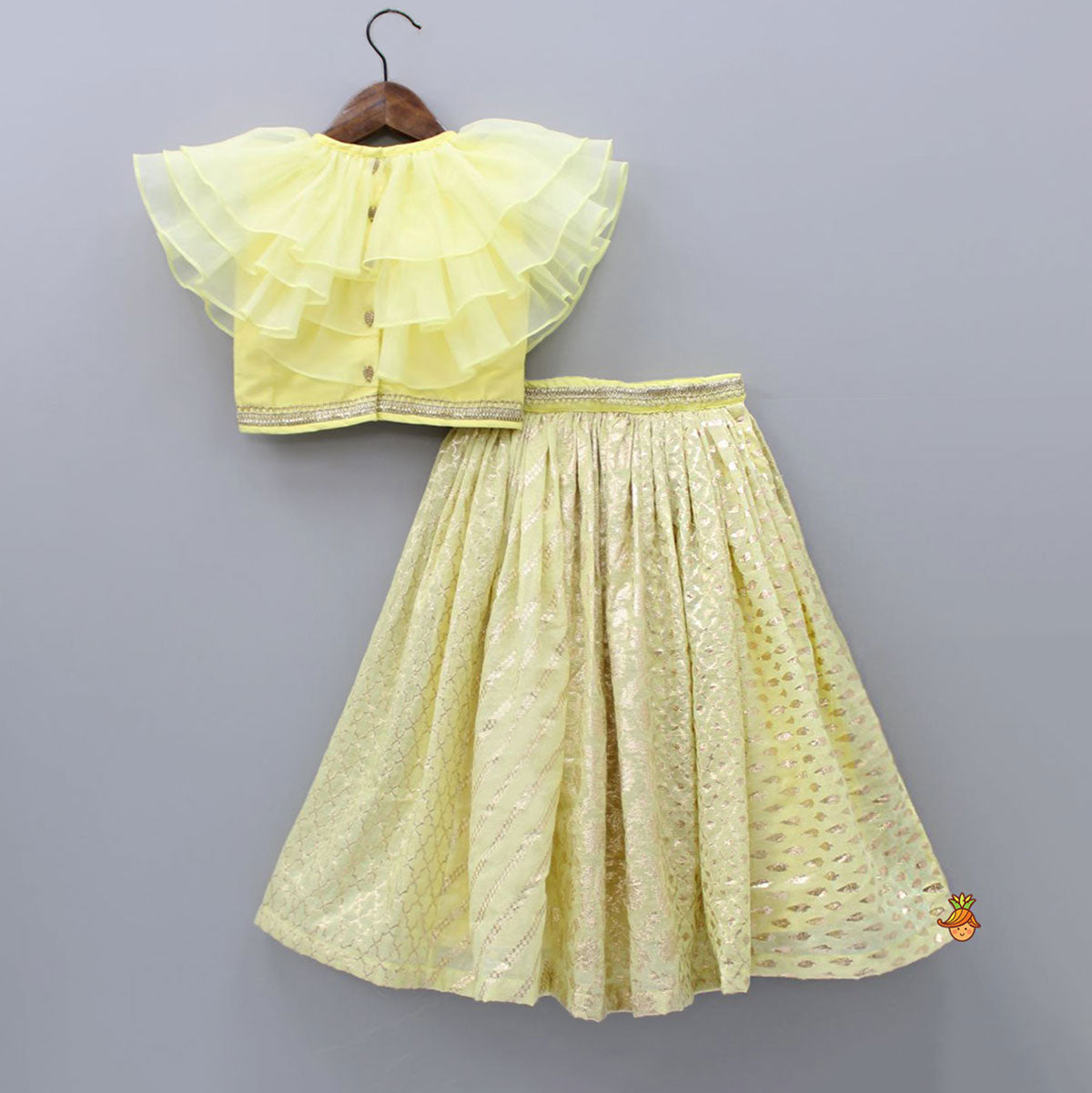 Pre Order: Organza Triple Layered Flap Pastel Yellow Top And Zari Embroidered Lehenga
