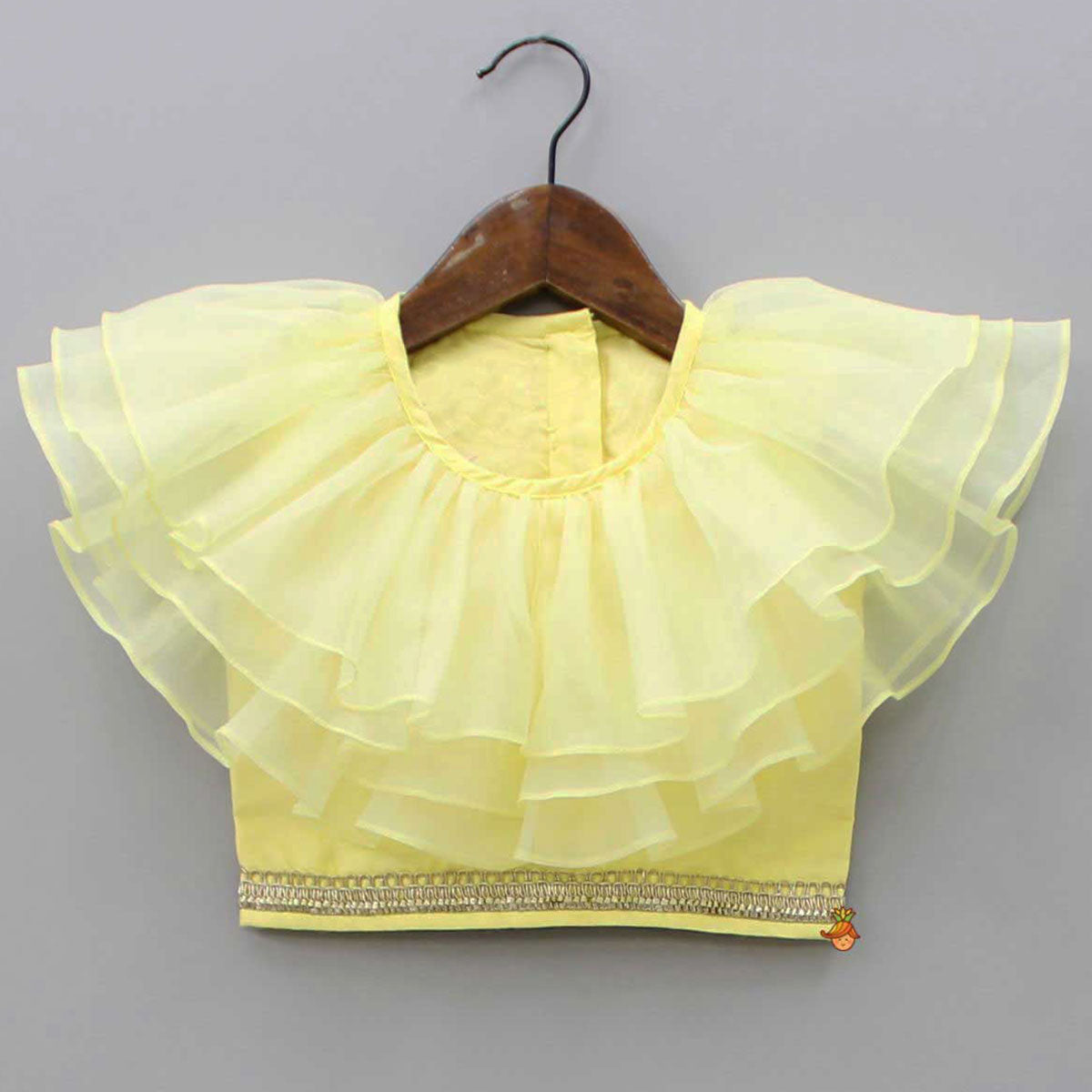 Pre Order: Organza Triple Layered Flap Pastel Yellow Top And Zari Embroidered Lehenga