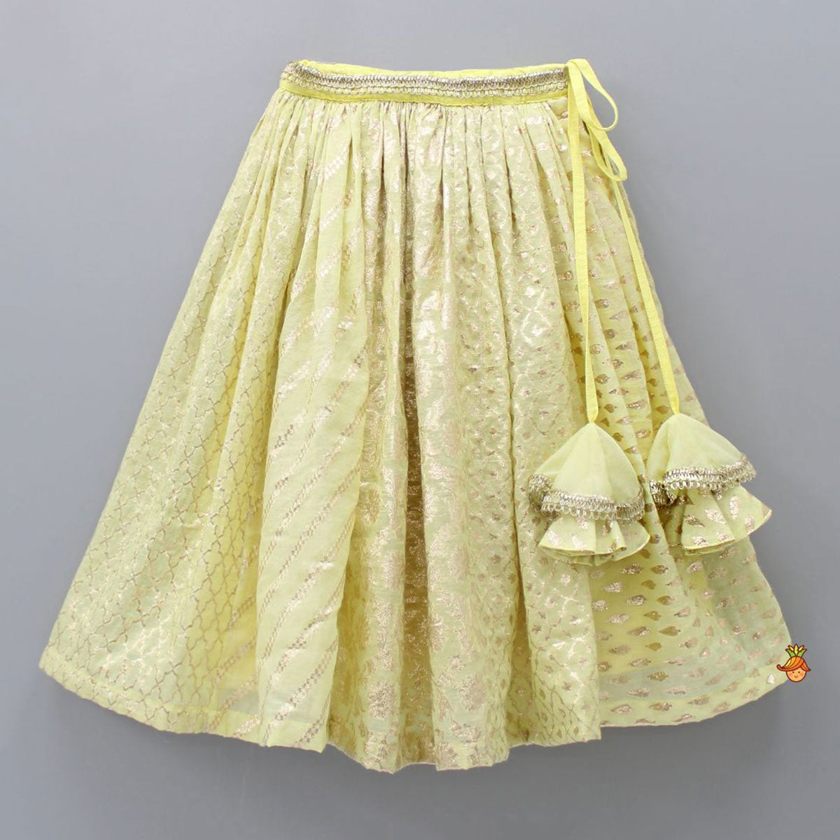 Pre Order: Organza Triple Layered Flap Pastel Yellow Top And Zari Embroidered Lehenga