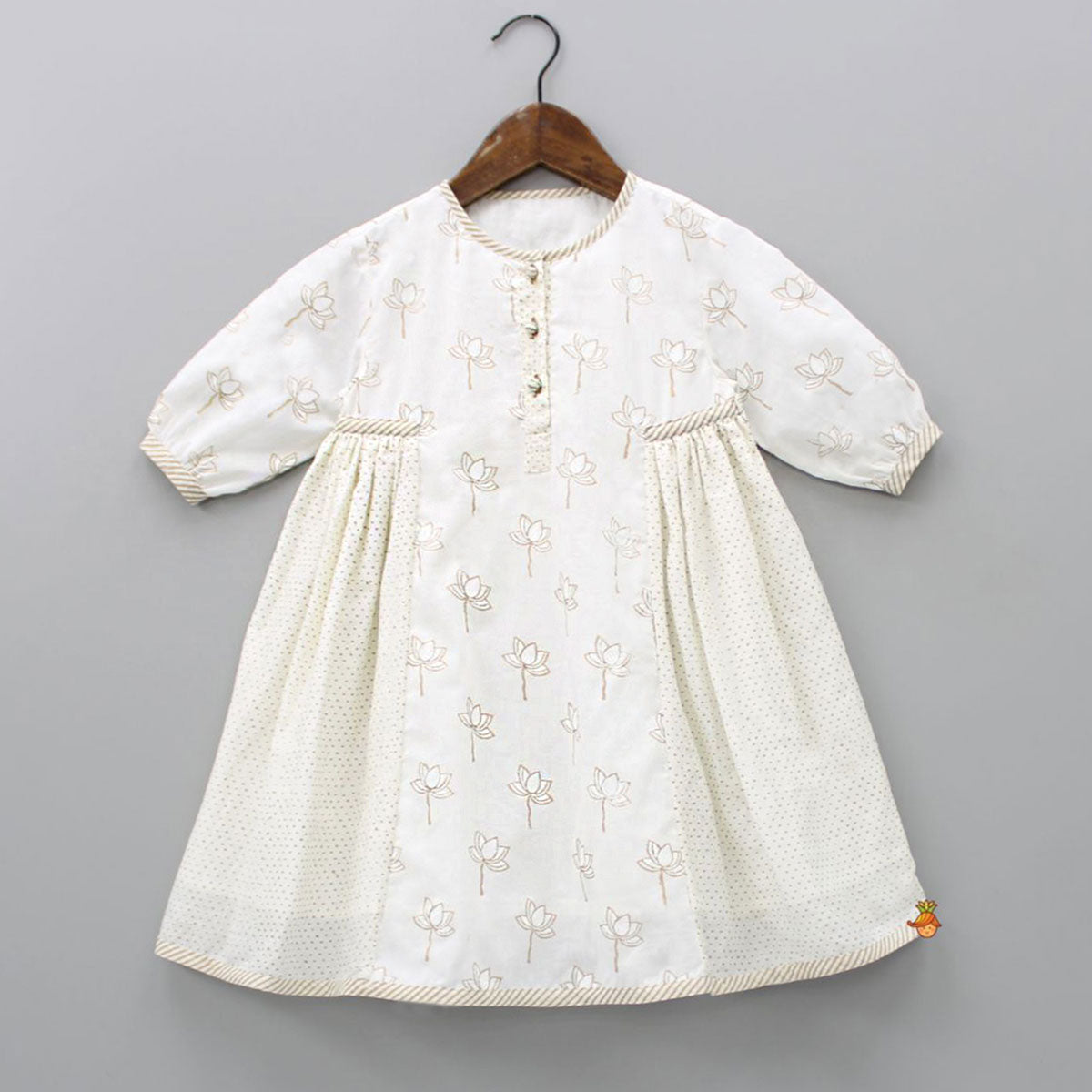 Hand Block Lotus And Polka Dots Printed Potli Buttons Detail Off White Dress