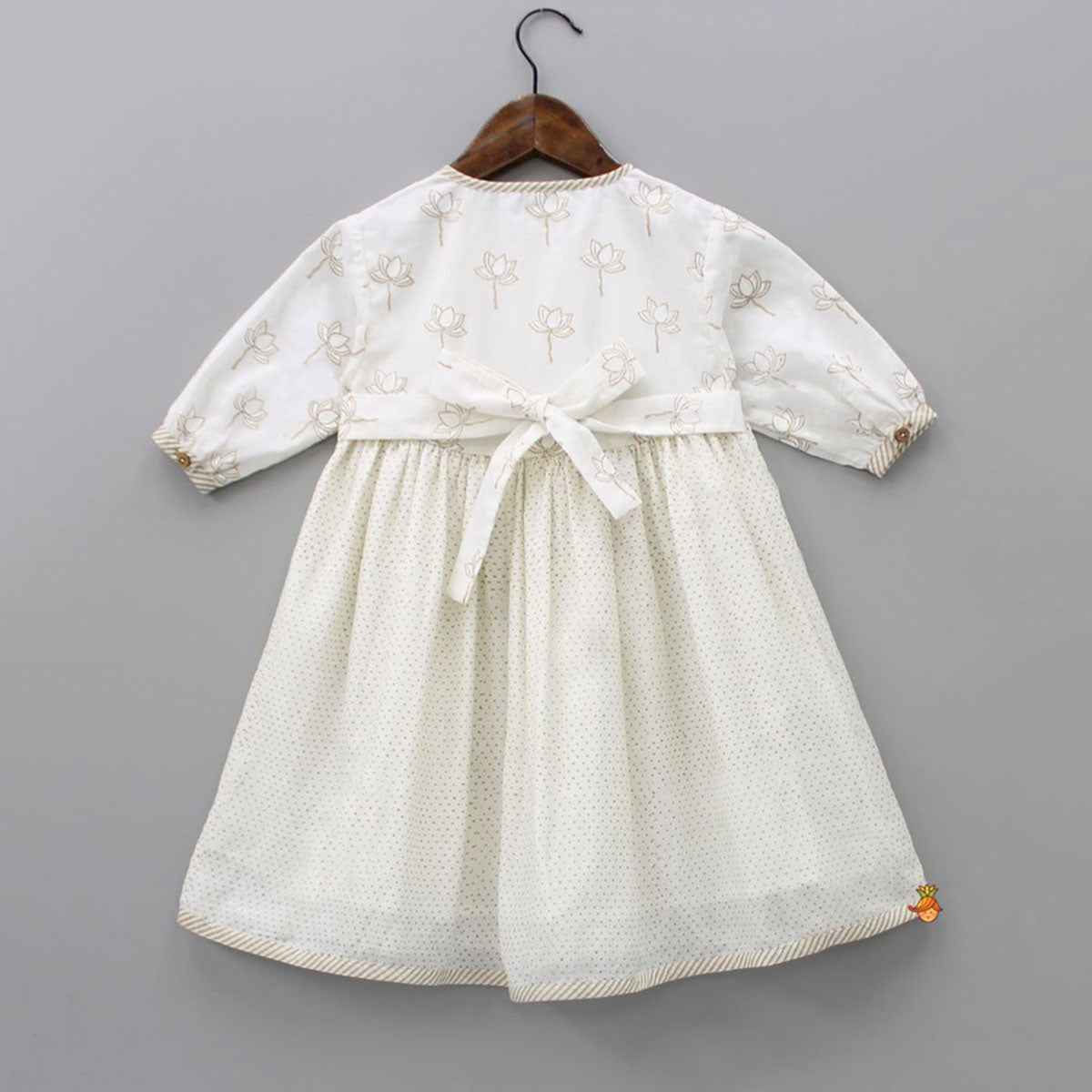 Hand Block Lotus And Polka Dots Printed Potli Buttons Detail Off White Dress