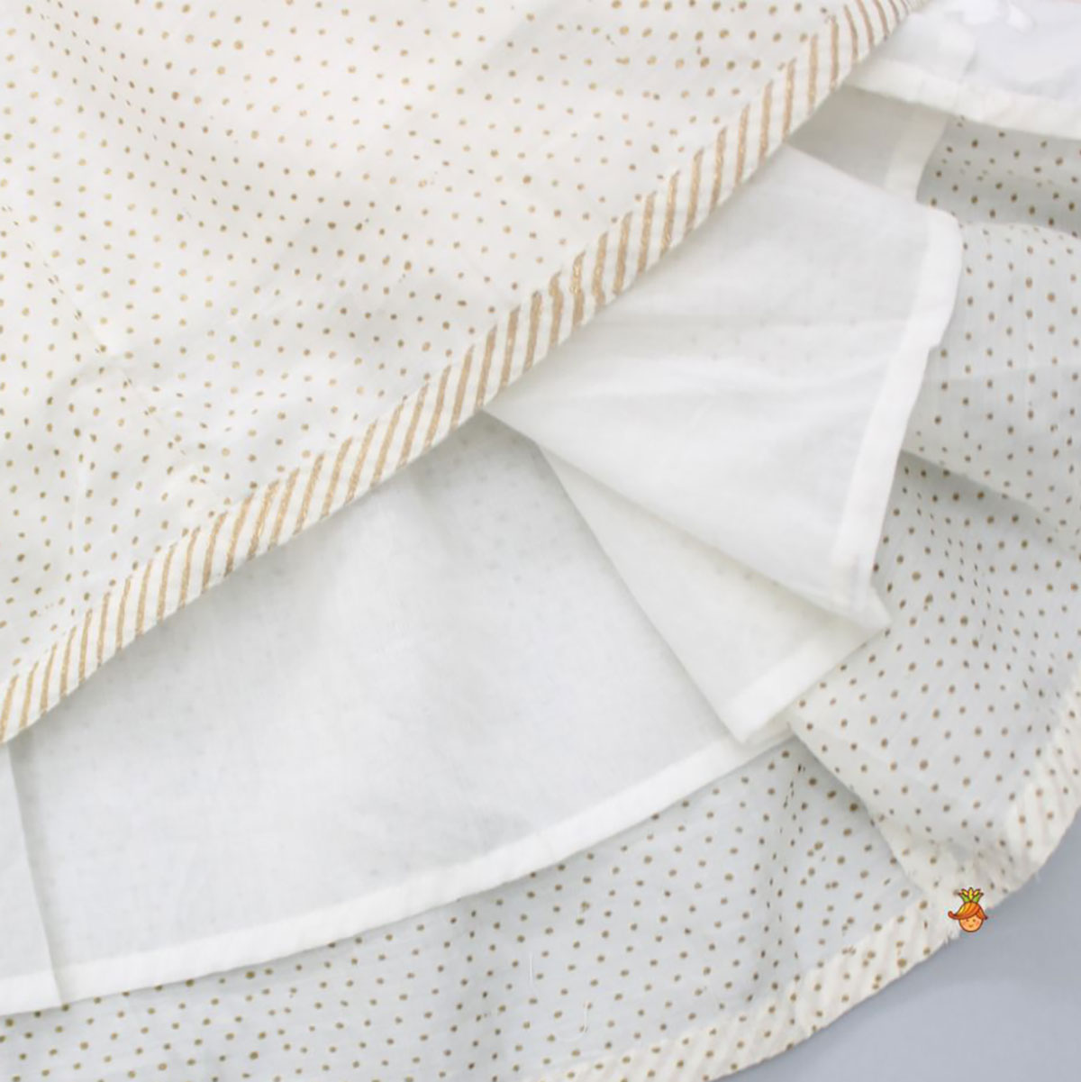 Hand Block Lotus And Polka Dots Printed Potli Buttons Detail Off White Dress