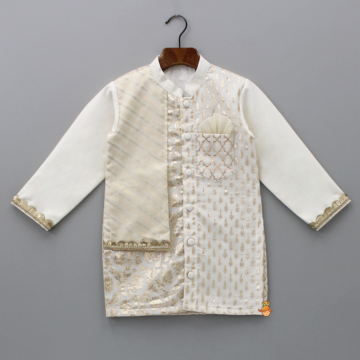 Pre Order: Patch Pocket Detail Chanderi Embroidered Cream Attached Flap Kurta And Pyjama