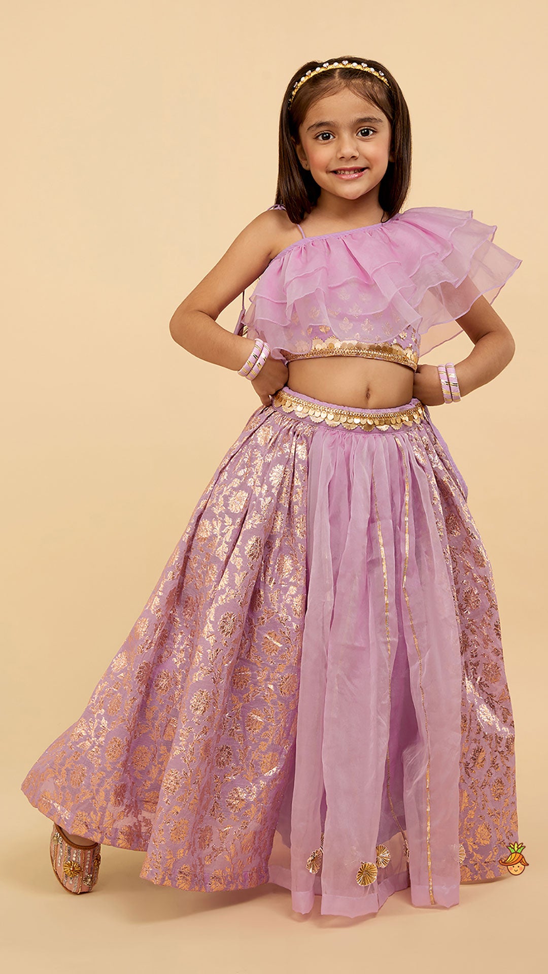 Pre Order: Elegant Pastel Purple Embroidered One Shoulder Top With Lehenga And Gota Lace Detail Dupatta