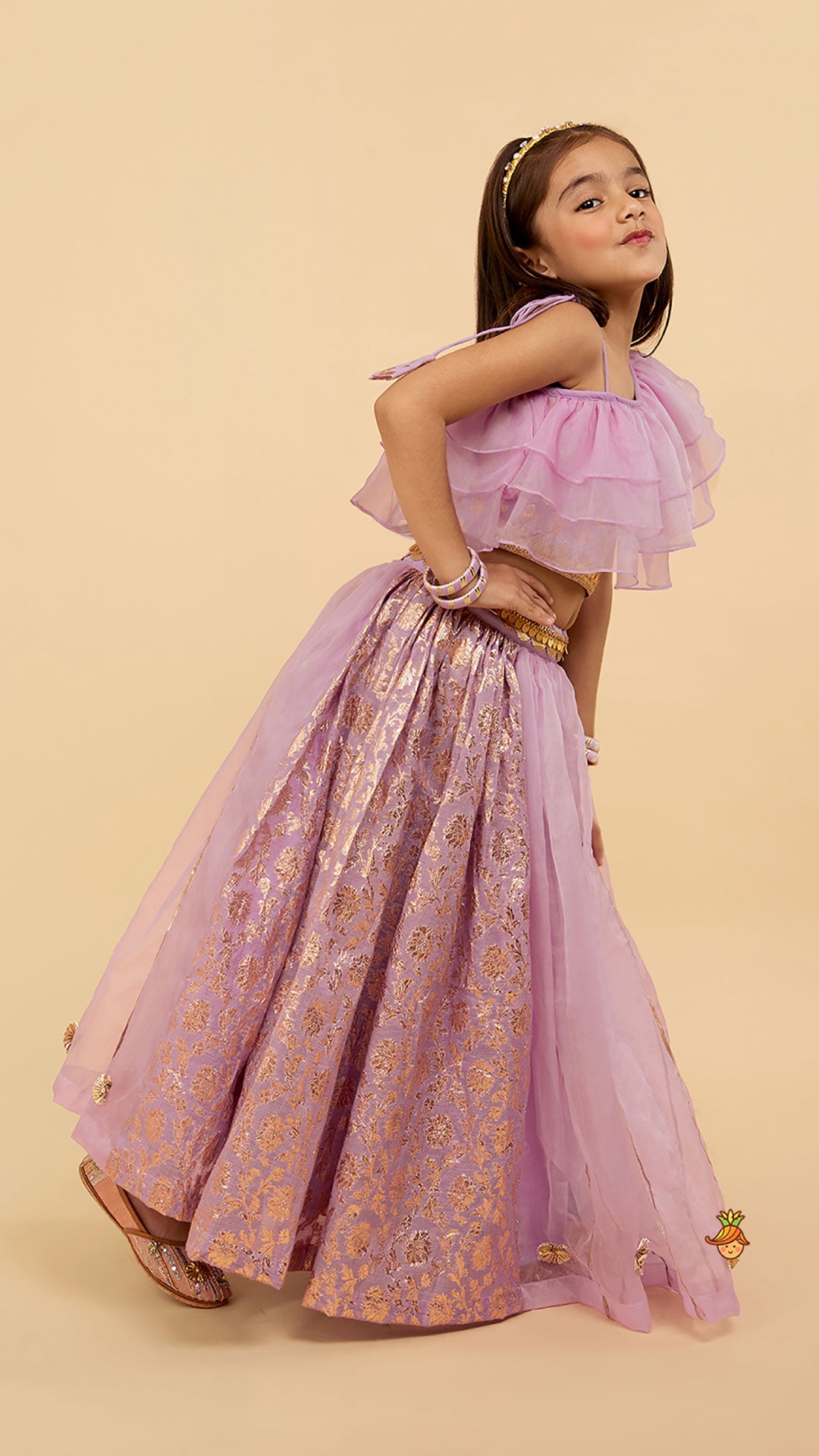 Pre Order: Elegant Pastel Purple Embroidered One Shoulder Top With Lehenga And Gota Lace Detail Dupatta