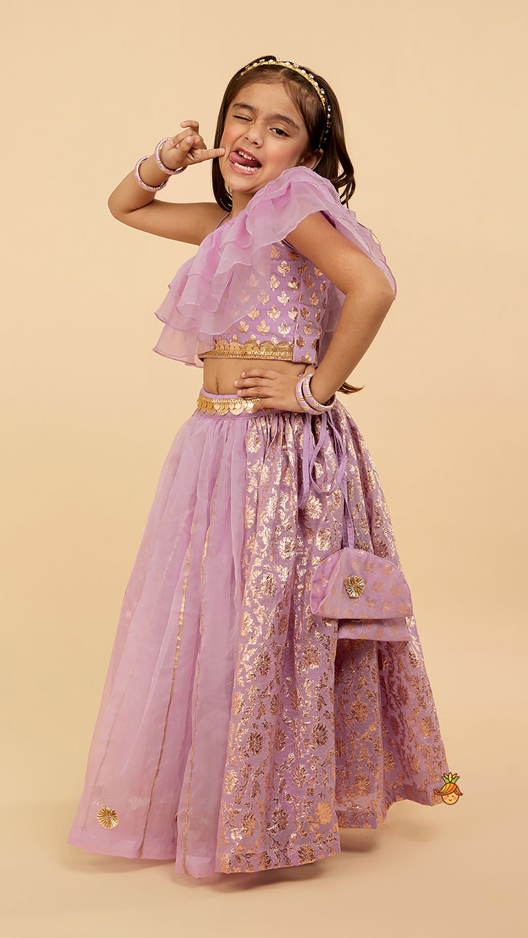 Pre Order: Elegant Pastel Purple Embroidered One Shoulder Top With Lehenga And Gota Lace Detail Dupatta