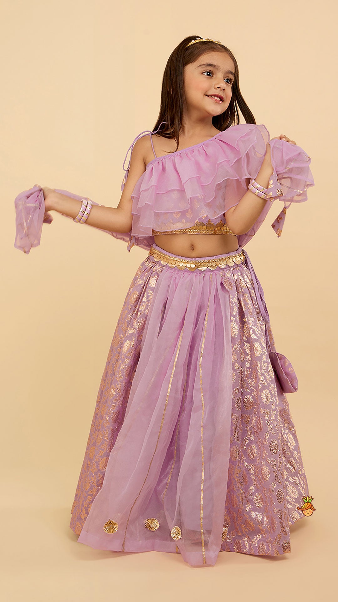 Pre Order: Elegant Pastel Purple Embroidered One Shoulder Top With Lehenga And Gota Lace Detail Dupatta