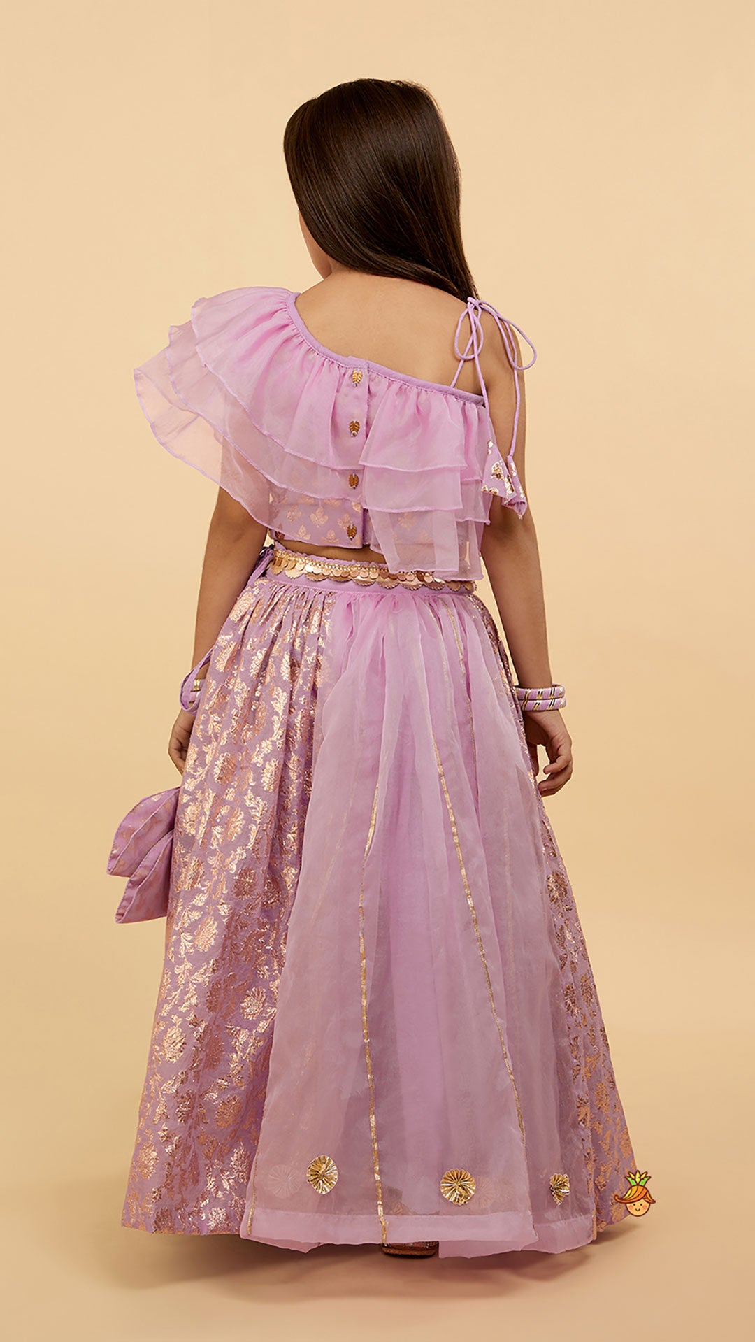 Pre Order: Elegant Pastel Purple Embroidered One Shoulder Top With Lehenga And Gota Lace Detail Dupatta