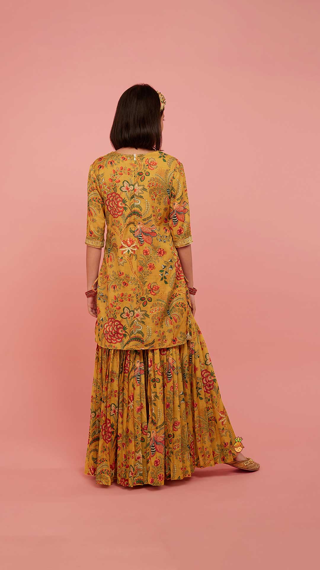 Pre Order: Intricate Yoke Gota Embroidered Mustard Printed Kurti And Pleated Sharara With Organza Sequined Dupatta