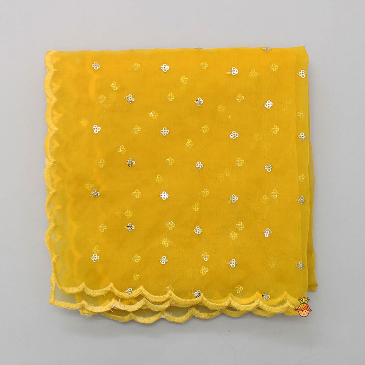 Pre Order: Intricate Yoke Gota Embroidered Mustard Printed Kurti And Pleated Sharara With Organza Sequined Dupatta