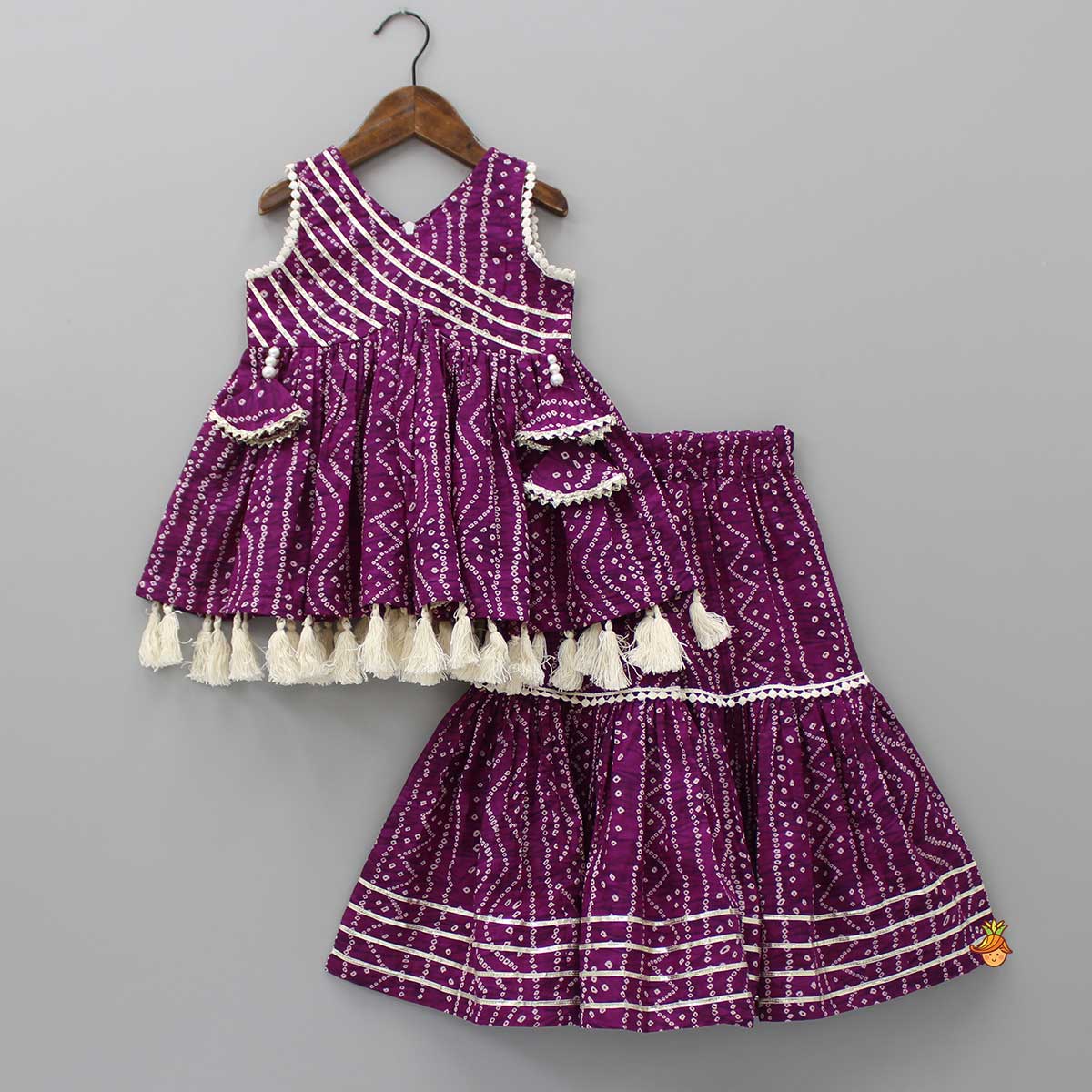 Pre Order: Gota Lace Work Yoke Bandhani Printed Fringes Purple Top And Sharara