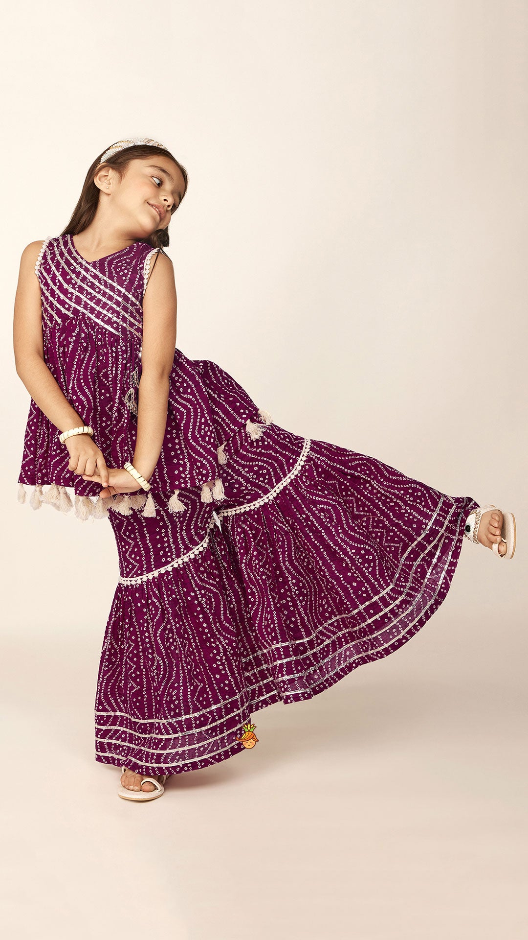 Pre Order: Gota Lace Work Yoke Bandhani Printed Fringes Purple Top And Sharara